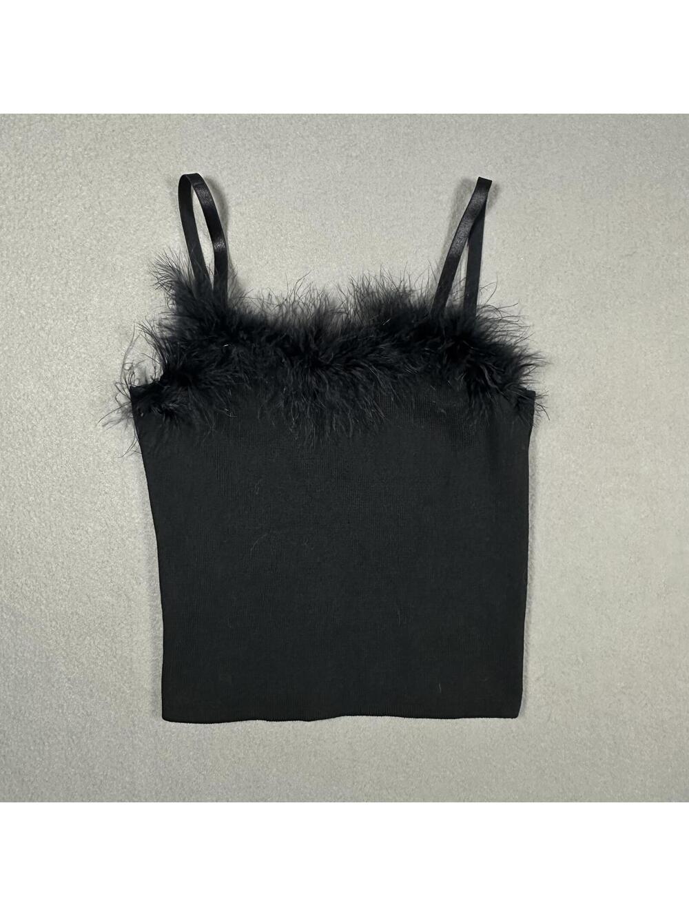 Women’s Tank Too Black Feather Trim Y2K